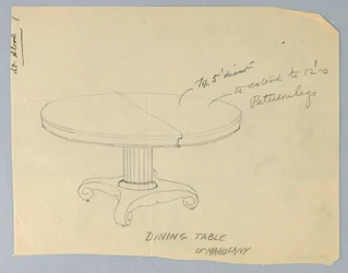 Zeichnung, Entwurf für einen runden Esstisch aus Mahagoni auf scrollartigen Füßen